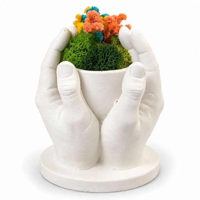 Cast white hands holding a small mound of moss and flowers