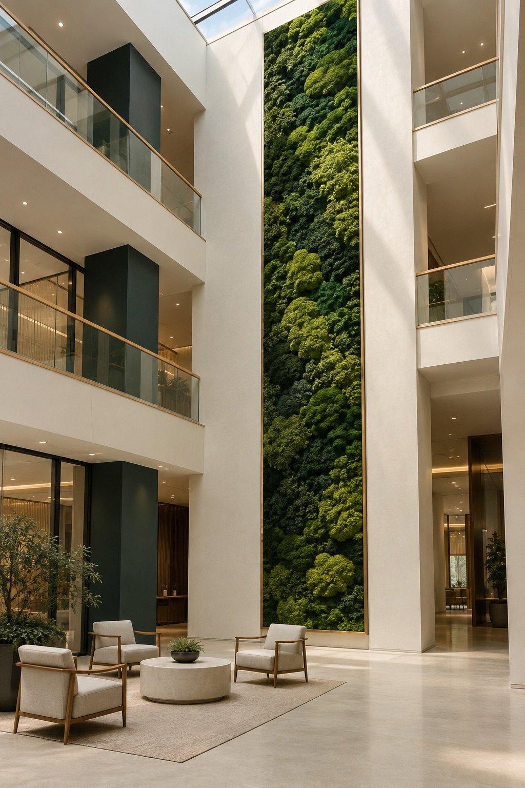 An atrium with a tall hanging of moss rising three floors