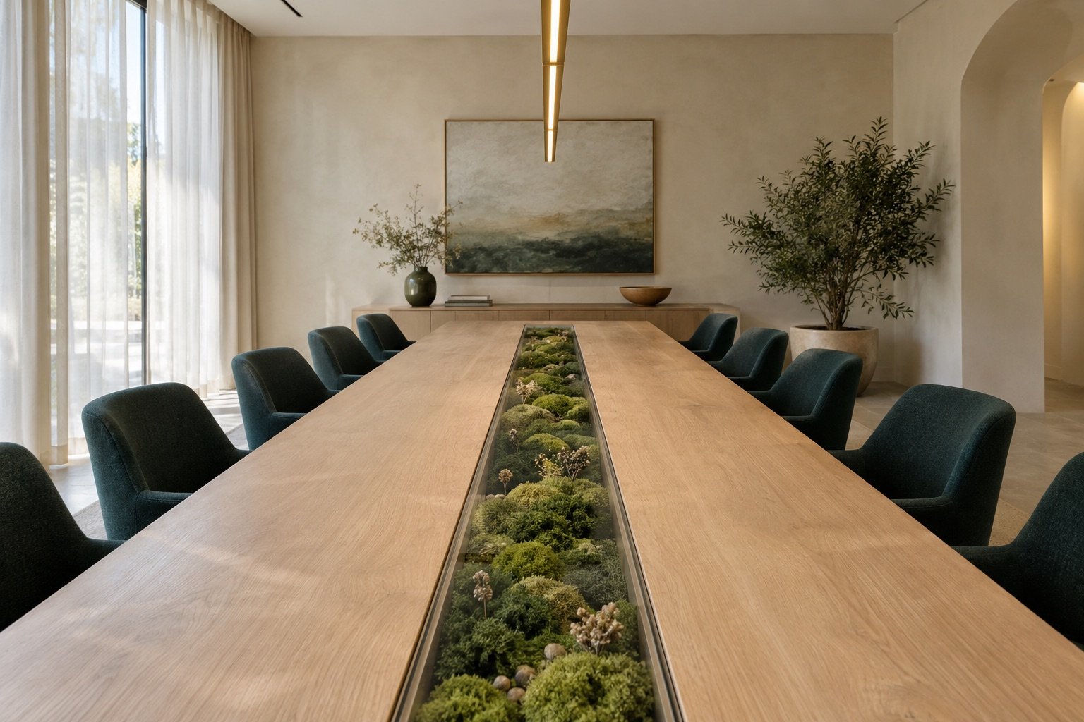 A boardroom table with a channel of moss running down its centre under glass