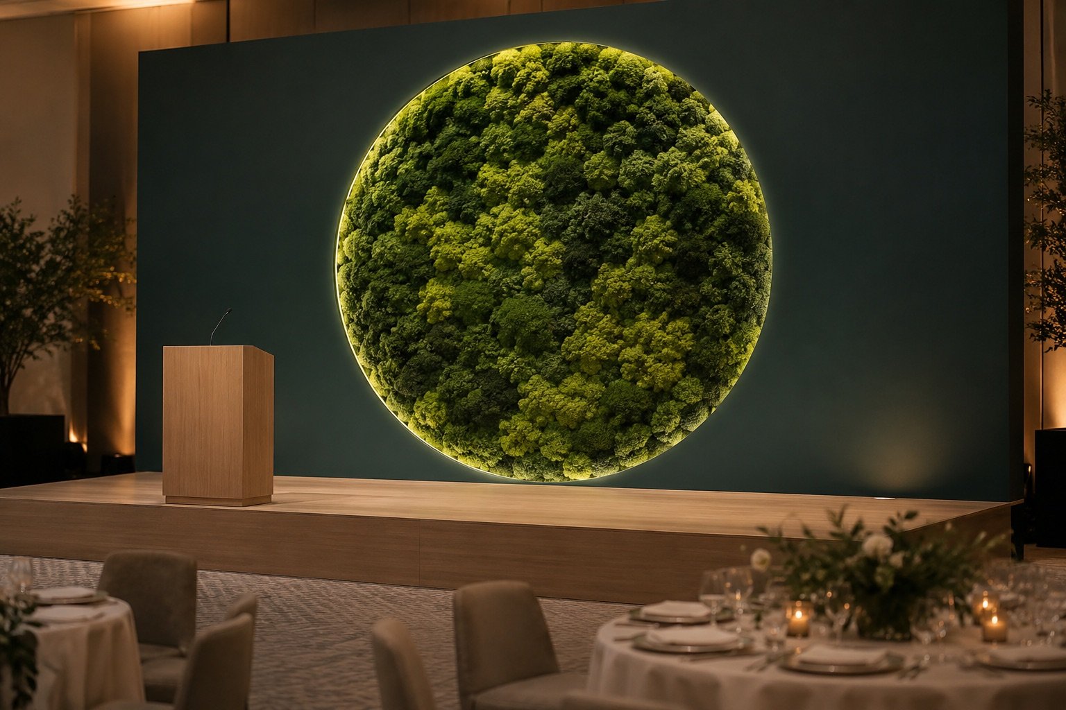 An event stage with a dark wall and a large round window of moss, lit from behind