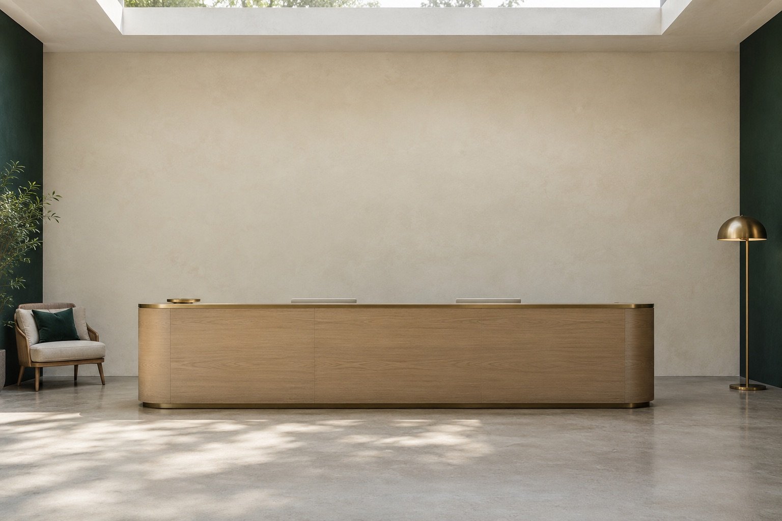A reception lobby with a wide plaster wall behind the desk