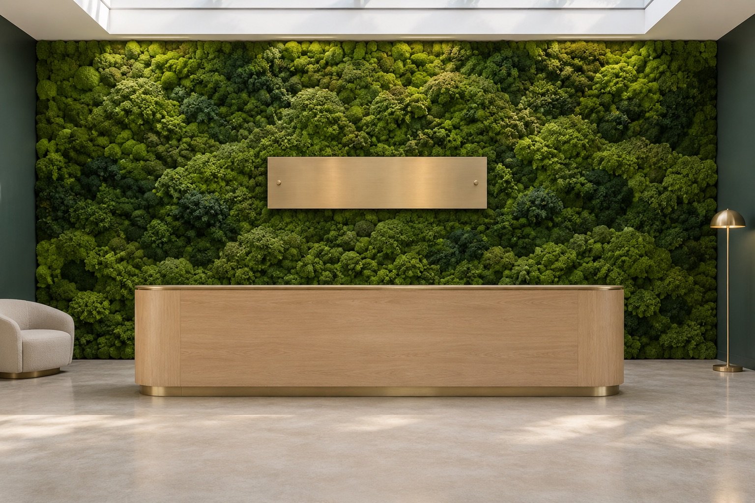 The same lobby with the whole wall covered in moss and a brass plate at its centre