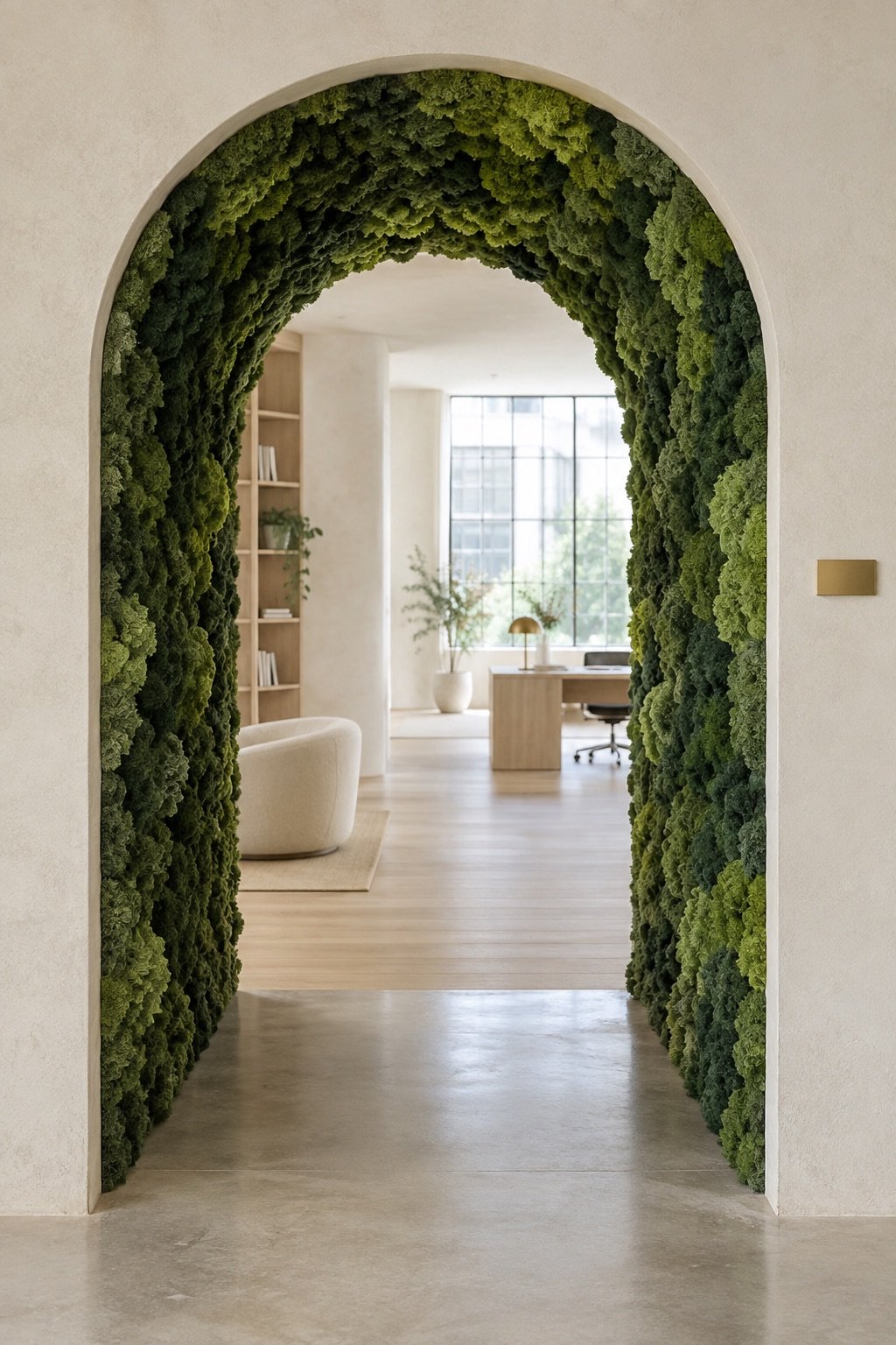 An arched doorway whose inside is lined with moss