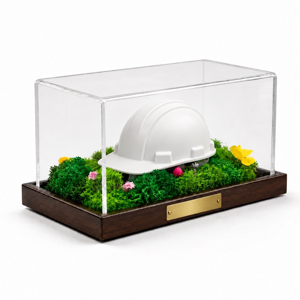 A plain white safety helmet in the same moss case