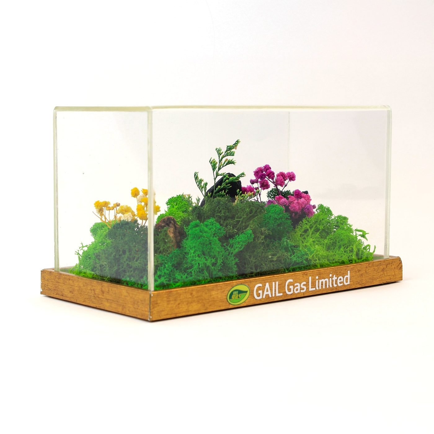 A terrarium on a cork base carrying a client's name