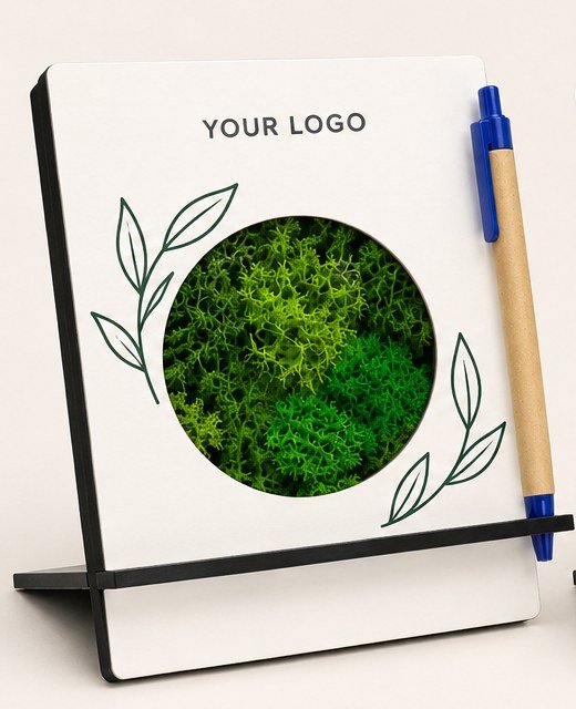 A desk stand with a circular window showing moss and the words Your Logo