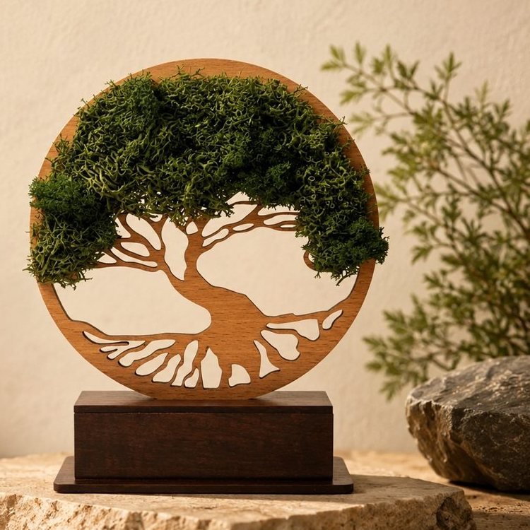 Forest Tree Award, a tree cut from wood over moss