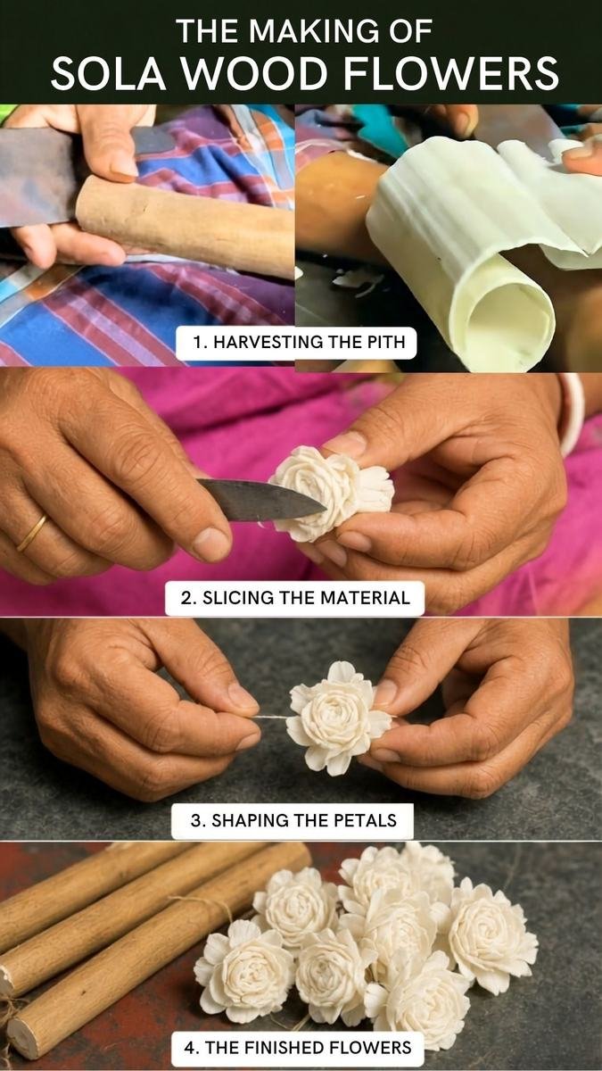 Four photographs of hands making sola wood flowers: harvesting the pith, slicing, shaping petals, finished flowers